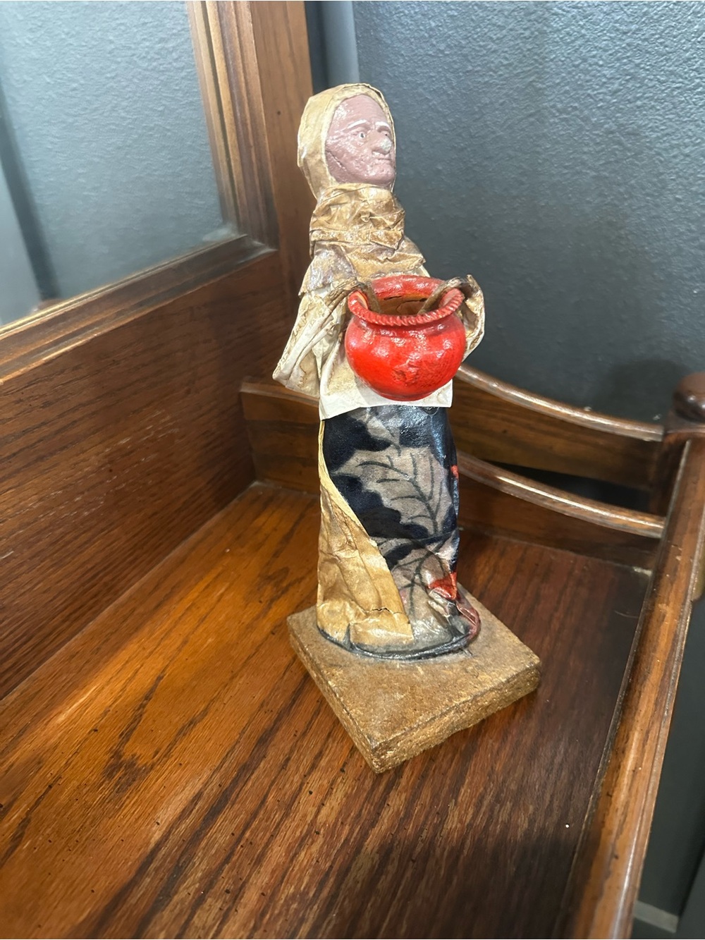 Handcrafted Folk Art Woman Figurine with Red Pitcher